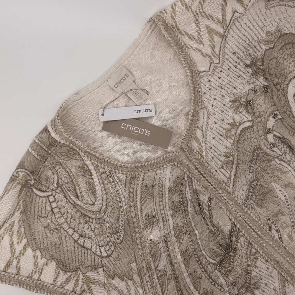 Chicos Beaded Foil Print Cardigan Sweater Gold Paisley Short Sleeve Petite 1